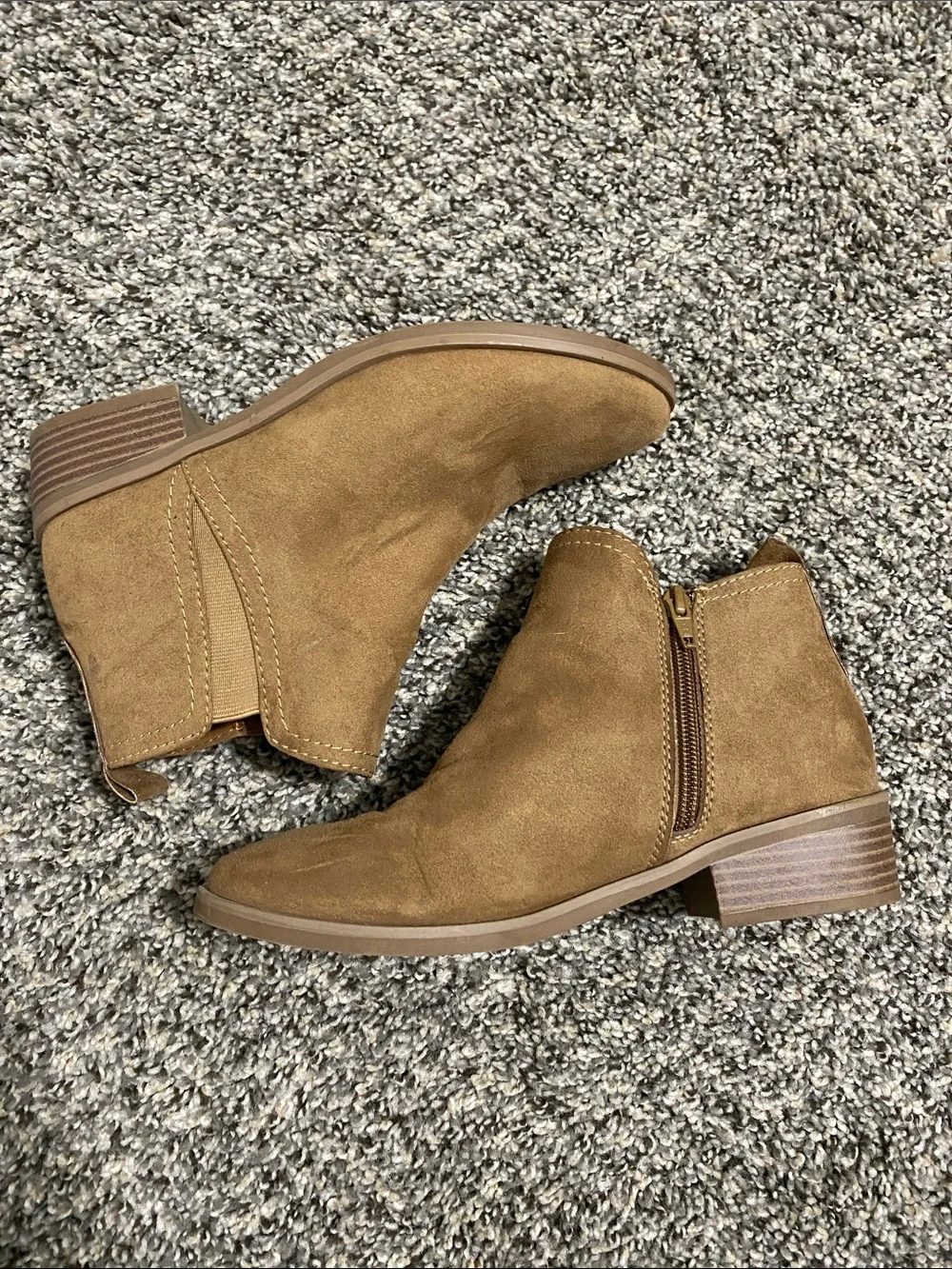 Time and Tru Tan Faux Suede Ankle Booties with Side Zip